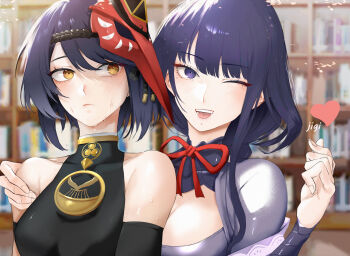 2girls absurdres armpit_crease bare_shoulders black_tank_top blue_hair blunt_bangs blurry blurry_background blush breasts bridal_gauntlets cleavage closed_mouth couple covered_collarbone genshin_impact gradient_hair hand_on_another's_shoulder head_tilt heart heart_hands highres hug_from_side indoors japanese_clothes jeeplock jewelry kimono kujou_sara light_particles long_hair looking_at_viewer looking_to_the_side mixed-language_commentary mole mole_under_eye multicolored_hair multiple_girls neck_ribbon off_shoulder one_eye_closed open_mouth orange_eyes pendant purple_eyes purple_hair purple_kimono raiden_shogun red_ribbon ribbon short_hair shy standing sweat swept_bangs tank_top teeth tongue tongue_out upper_body upper_teeth_only yuri