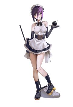 1girl alternate_costume apron black_gloves black_skirt bomb breasts chainsaw_man closed_mouth elbow_gloves enmaided explosive full_body fuse gloves green_eyes hair_between_eyes high_heels highres holding holding_mop maid maid_headdress medium_breasts mop nakajima_(user111860274) purple_hair reze_(chainsaw_man) shirt simple_background skirt smile solo standing waist_apron white_apron white_background white_shirt