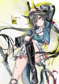 1girl absurdres arknights arknights:_endfield arms_behind_back black_boots black_eyes black_hair black_sleeves blue_jacket blue_tank_top blush boots breasts chen_qianyu_(arknights) cleavage_cutout closed_mouth clothing_cutout cropped_jacket dot_nose dragon_girl dragon_horns dragon_tail eastern_dragon_horns eastern_dragon_tail english_text female_focus high-waist_skirt highres holding holding_sword holding_weapon horns jacket legs long_hair long_sleeves looking_at_viewer miniskirt no_bra puffy_long_sleeves puffy_sleeves sexually_suggestive skirt small_breasts smile smirk solo solo_focus sword tail tank_top thighs upskirt weapon white_skirt