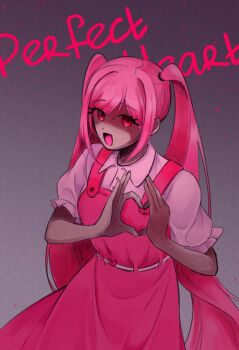 1girl :d b_hong belt breasts character_name collared_shirt commentary cowboy_shot dark-skinned_female dark_skin dress english_commentary eyes_visible_through_hair film_grain frilled_sleeves frills from_above glowing glowing_eyes grey_background hair_between_eyes hair_tie hands_up hatching_(texture) heart heart_belt heart_hands highres long_hair no_sclera omori open_mouth perfectheart_(omori) pinafore_dress pink_dress pink_eyes pink_hair puffy_short_sleeves puffy_sleeves purple_eyes shirt short_sleeves sidelocks simple_background sleeveless sleeveless_dress small_breasts smile solo standing swept_bangs tongue twintails very_long_hair white_belt white_shirt