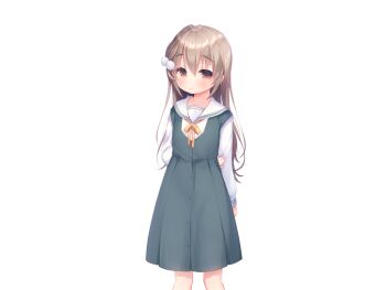 1girl aiyoku_shimai_lolita arm_behind_back atori_(aiyoku_shimai_lolita) blush brown_hair buttons closed_mouth collared_shirt dress feet_out_of_frame game_cg green_dress hair_between_eyes hair_ornament large_variant_set long_hair long_sleeves looking_at_viewer neck_ribbon non-web_source orange_eyes pinafore_dress piyodera_mucha pom_pom_(clothes) pom_pom_hair_ornament ribbon sailor_collar shirt simple_background sleeveless sleeveless_dress solo standing tachi-e transparent_background variant_set white_sailor_collar white_shirt yellow_ribbon