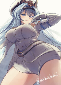 1girl artist_name blue_hair breasts commentary_request from_below goddess_of_victory:_nikke hat helm_(nikke) highres insignia large_breasts long_hair long_sleeves military_uniform sata_(satawahaha) shirt shorts signature solo twitter_username white_hat white_shirt white_shorts