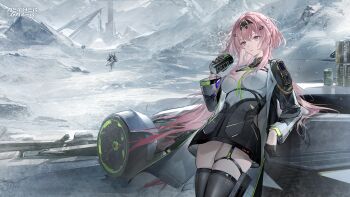 1girl aether_gazer artist_request black_coat black_gloves breasts can coat copyright_name gloves hair_ornament half_gloves highres holding holding_can leaning_against_vehicle long_hair official_art open_clothes open_coat snow thighhighs wadjet_(aether_gazer)