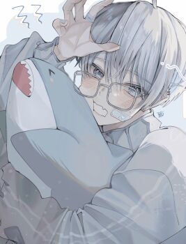 1boy aoru_uu aqua_background aqua_eyes aqua_nails arm_up bandaged_fingers bandages bandaid bandaid_on_cheek bandaid_on_face blush border commentary crooked_eyewear fingernails glasses grey-framed_eyewear grey_hair grey_sweater hair_between_eyes hair_ornament heart highres holding holding_stuffed_toy long_sleeves looking_at_viewer looking_over_eyewear male_focus multicolored_hair muted_color open_mouth original short_hair solo split-color_hair stuffed_animal stuffed_shark stuffed_toy sweater two-tone_hair upper_body white_border x_hair_ornament