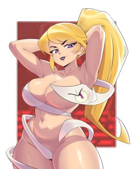 1boy 1girl armpits arms_behind_head arms_up artist_name black_lips blonde_hair border breasts cleavage collarbone commentary convenient_censoring cowboy_shot curvy english_commentary eyeshadow fold_(gameoverse) gameoverse glitch_productions highres junii-owl large_breasts lipstick long_hair looking_at_viewer makeup miss_information_(gameoverse) navel nude ponytail purple_eyes purple_eyeshadow purple_lips smile smug solo stomach teeth thick_thighs thighs twitter_username white_border