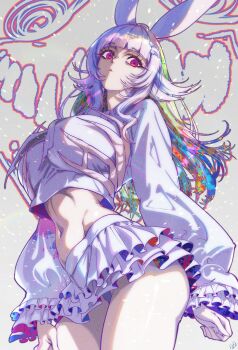 absurdres animal_ears blunt_bangs breasts closed_mouth commentary_request fish_hair_ornament fish_skeleton grey_background hair_ornament highres large_breasts long_hair long_sleeves looking_at_viewer momoyama_tits multicolored_hair navel original panties pink_eyes purple_hair purple_panties purple_shirt purple_skirt rabbit_ears rainbow_hair shirt sidelocks skirt standing thighs underwear