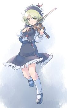 1girl black_hat black_shoes black_skirt black_vest blonde_hair bow_(music) buttons collared_vest commentary_request crescent crescent_hat_ornament expressionless frilled_hat frills hat hat_ornament holding holding_bow_(music) holding_instrument holding_violin instrument knees light_blush long_sleeves lunasa_prismriver mary_janes one-hour_drawing_challenge rangycrow shirt shoes short_hair sideways_glance skirt socks solo touhou vest violin white_shirt white_socks yellow_eyes