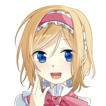 Rule 34 | 1girl, alice margatroid, blonde hair, blue eyes, blush, bow, bowtie, capelet, commentary request, hairband, lolita hairband, looking at viewer, medium hair, open mouth, pink bow, pink bowtie, pink hairband, portrait, simple background, smile, solo, teeth, touhou, tsuno no hito, upper teeth only, white background, white capelet
