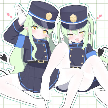 2girls absurdres arm_up black_hat black_shirt black_skirt blue_archive blush closed_mouth commentary_request demon_tail earrings garrison_cap gloves green_hair hat heart highres hikari_(blue_archive) jewelry loli long_hair looking_at_viewer multiple_girls no_shoes nozomi_(blue_archive) open_mouth pantyhose pleated_skirt pointy_ears shirt siblings sisters sitting skirt smile tail teasing thighband_pantyhose twins twintails white_gloves white_pantyhose yellow_eyes yuu_(yuu1601)