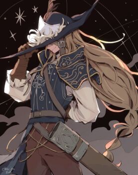 1girl armor black_background black_hat blonde_hair breastplate brown_gloves brown_pants cavalier_hat closed_mouth commentary cowboy_shot dark_souls_(series) dark_souls_ii english_commentary gloves hat hat_over_eyes highres long_hair long_sleeves lucatiel_of_mirrah okajamira pants pauldrons plume scabbard sheath shirt shoulder_armor signature smile solo very_long_hair white_shirt