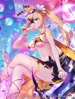 1girl abdomen_tail arthropod_girl bangle beach_umbrella bikini black_hair blonde_hair bracelet breasts bubble cleavage copyright_notice crossed_legs crown curly_hair earrings goggles goggles_on_head hair_between_eyes hand_on_own_cheek hand_on_own_face high_ponytail highres insect_wings jewelry large_breasts long_hair looking_at_viewer multicolored_hair natsuiro_xx navel night official_art pink_petals ponytail poolside purple_petals red_eyes shoulder_tattoo sidelocks solo striped_bikini striped_clothes swimsuit tattoo umbrella vesparose wet wings yellow_nails z/x