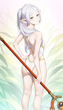 1girl ass back bare_shoulders breasts earrings elf frieren green_eyes grey_hair highleg highleg_one-piece_swimsuit highres jewelry long_hair looking_at_viewer looking_back one-piece_swimsuit parted_bangs pointy_ears small_breasts smile solo sousou_no_frieren staff swimsuit thighs twintails white_one-piece_swimsuit zucchini