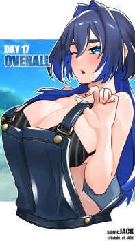 1girl blue_eyes blue_hair blue_overalls blush bra breasts cleavage hair_intakes highres hololive hololive_english knight_of_jack long_hair multicolored_hair one_eye_closed ouro_kronii overalls solo twitter_username underwear virtual_youtuber
