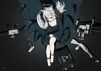 Rule 34 | 1girl, absurdres, animal ear fluff, animal ears, black choker, black dress, black gloves, black halo, blast-7, blue archive, breasts, broken halo, choker, commentary request, cross, cross hair ornament, dark halo, dress, extra ears, from above, gloves, green eyes, grey hair, hair ornament, halo, highres, inverted cross, large breasts, long hair, long sleeves, mismatched pupils, shiroko terror (blue archive), sitting, solo, very long hair, wolf ears