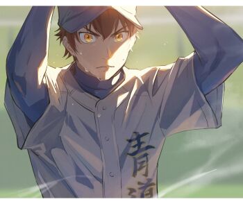 Rule 34 | 1boy, absurdres, ace of diamond, baseball cap, baseball jersey, brown hair, commentary, hair between eyes, hat, highres, jersey, layered sleeves, letterboxed, male focus, sato (sato 1 11), sawamura eijun, short hair, solo, sweat, symbol-only commentary, translation request, upper body, v-shaped eyebrows, yellow eyes