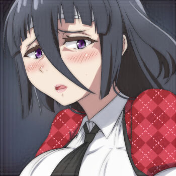 1girl black_background black_hair black_necktie blush breasts headband jacket large_breasts long_hair looking_at_viewer necktie open_clothes open_jacket open_mouth plaid_clothes plaid_jacket puffy_sleeves purple_eyes red_jacket shirt short_sleeves t_jiroo_(ringofriend) twintails upper_body white_shirt yamada_tae zombie_land_saga