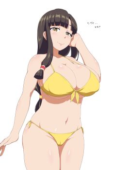1girl arm_up bikini blush breasts brown_hair bursting_breasts cameltoe cleavage covered_erect_nipples front-tie_bikini_top front-tie_top gorgonzola_(paradisegom) half-closed_eyes hand_on_own_head highres japanese_text jewelry large_breasts legs long_hair looking_at_viewer navel necklace pink_lips saaya_(suisei_no_gargantia) seductive_gaze seductive_smile side-tie_bikini_bottom sideboob smile solo source_request suisei_no_gargantia swimsuit thighs thong_bikini translated yellow_bikini yellow_eyes