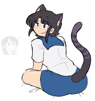 1girl :3 animal_ears azuredairy bed_sheet black_hair blue_sailor_collar blue_skirt brown_eyes cat_ears cat_tail closed_mouth from_behind kemonomimi_mode looking_at_viewer reference_inset sailor_collar school_uniform serafuku shirt short_hair short_sleeves sidelocks simple_background sitting skirt tail white_background white_serafuku white_shirt