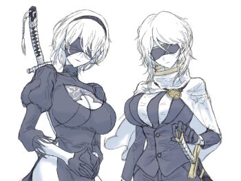 2b_(nier:automata) 2b_(nier:automata)_(cosplay) :| black_gloves black_hairband black_leotard black_necktie black_suit blindfold breasts capelet cleavage_cutout closed_mouth clothing_cutout commentary cosplay covered_eyes english_commentary faust_(project_moon) formal_clothes gloves hairband hand_on_hilt highleg highleg_leotard index_(identity)_(project_moon) large_breasts leotard limbus_company necktie nier:automata nier_(series) project_moon sansan375223 suit sword weapon white_background white_capelet white_hair