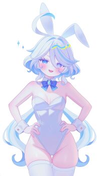 1girl :d absurdres ahoge alternate_costume animal_ears bare_shoulders blue_bow blue_bowtie blue_eyes blue_pupils blue_streaks blush bow bowtie breasts breasts_apart collar commentary cowboy_shot detached_collar drop-shaped_pupils fake_animal_ears fuminshou_(nekopan_art) furina_(genshin_impact) genshin_impact hair_between_eyes hands_on_own_hips heterochromia highleg highleg_leotard highres leotard long_hair looking_at_viewer medium_breasts multicolored_hair open_mouth playboy_bunny rabbit_ears simple_background smile solo strapless strapless_leotard streaked_hair symbol-shaped_pupils thigh_gap thighhighs very_long_hair white_background white_collar white_hair white_leotard white_thighhighs white_wrist_cuffs wrist_cuffs