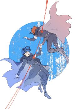 2boys absurdres armband belt black_boots black_cape black_coat black_hair black_jacket black_pants blood blue_eyes blue_hair boots buttons cape chin_piercing chinese_commentary coat commentary_request earrings eyepatch face_piercing geta gloves high_collar highres holding_hands hole_in_chest hole_on_body jacket jewelry knee_boots last_defense_academy_school_uniform long_sleeves male_focus multicolored_hair multiple_boys omokage_yugamu open_mouth pants piercing print_eyepatch red_hair roots_(hair) school_uniform short_hair smile sumino_takumi teeth the_hundred_line_-last_defense_academy- thigh_strap two-tone_hair upper_teeth_only white_armband white_belt white_gloves ximelon75557