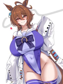 1girl agnes_tachyon_(umamusume) ahoge alternate_breast_size_(larger) animal_ears arm_at_side blush breasts brown_hair buttons closed_mouth coat collared_leotard commentary covered_navel dutch_angle earrings empty_eyes groin hair_between_eyes half-closed_eyes hand_up heart highleg highleg_leotard highres horse_ears horse_girl horse_tail huge_ahoge huge_breasts jewelry lab_coat lengkuass leotard long_hair long_sleeves looking_at_viewer open_clothes open_coat purple_leotard purple_thighhighs red_eyes single_earring sleeves_past_fingers sleeves_past_wrists smile solo symbol-only_commentary tail thigh_gap thighhighs umamusume white_coat