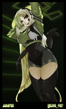 1girl absurdres antennae arthropod_girl black_sclera black_tongue blame_4407 breasts colored_sclera colored_skin commentary english_commentary extra_arms green_eyes green_hair green_jacket highres indie_virtual_youtuber insect_girl insect_wings jacket juniper_actias juniper_actias_(lab) large_breasts monster_girl moth_antennae moth_girl moth_wings multicolored_hair open_mouth solo thighs virtual_youtuber white_hair white_skin wings