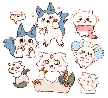 4others anoko_(chiikawa) cat chibikemo chiikawa chiikawa_(character) claws eating food food_on_face furry hachiware_(chiikawa) horns kojirou_(mesurf1) korean_text momonga_(chiikawa) multiple_others simple_background single_horn tail tail_wagging tongue tongue_out translation_request white_background
