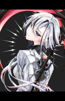 absurdres arlecchino_(genshin_impact) black_eyes coat genshin_impact grey_coat highres multicolored_hair red_pupils scythe streaked_hair symbol-shaped_pupils white_coat white_hair x-shaped_pupils yukimatalng