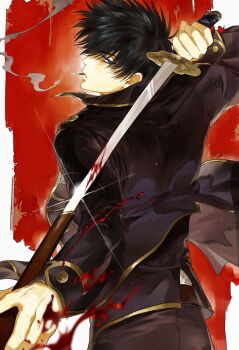Rule 34 | 1boy, belt, black hair, black jacket, black pants, blood, blood splatter, bloody weapon, blue eyes, cigarette, cowboy shot, from behind, gintama, glint, hashtag-only commentary, highres, hijikata toushirou, holding, holding sheath, holding sword, holding weapon, jacket, katana, long sleeves, looking at viewer, looking back, male focus, mouth hold, open clothes, open jacket, pants, profile, red background, scabbard, sgat, sheath, shinsengumi (gintama), short hair, smoke, smoking, solo, sparkle, standing, sword, unsheathing, weapon