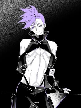 1boy arm_behind_back asymmetrical_hair baiquan2025 bare_shoulders black_pants black_shirt black_sleeves body_markings closed_mouth cowboy_shot crop_top detached_sleeves dragon_boy_(to_be_hero_x) eyebrow_piercing face_piercing facial_mark highres male_focus midriff pants piercing purple_eyes purple_hair shirt short_hair sidecut smile solo to_be_hero to_be_hero_x undercut