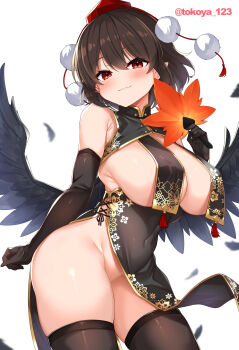 1girl black_dress black_gloves black_hair black_thighhighs black_wings blush breast_curtains breasts china_dress chinese_clothes commentary covered_erect_nipples covered_navel daichi_(tokoya) dress elbow_gloves falling_feathers feathered_wings feathers gloves hand_fan hat hauchiwa highres holding holding_fan large_breasts looking_at_viewer no_bra no_panties pelvic_curtain pointy_ears pom_pom_(clothes) revealing_clothes shameimaru_aya short_hair simple_background sleeveless sleeveless_dress smile solo thighhighs tokin_hat touhou twitter_username white_background wings