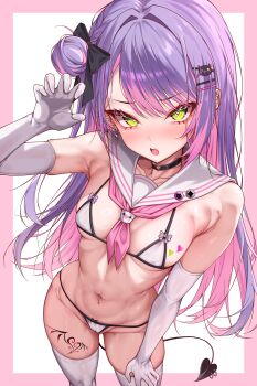 Rule 34 | 1girl, :o, absurdres, amaki daisuke, arm up, bikini, border, breasts, character hair ornament, demon tail, ear piercing, earrings, elbow gloves, fang, gloves, green eyes, hair bun, hair ornament, hairclip, highres, hololive, jewelry, leg tattoo, multicolored hair, multiple piercings, navel piercing, neckerchief, piercing, pink border, pink hair, pink neckerchief, purple hair, sailor collar, small breasts, solo, swimsuit, tail, tail ornament, tail ring, tattoo, thighhighs, tokoyami towa, two-tone hair, virtual youtuber, white bikini, white gloves, white thighhighs