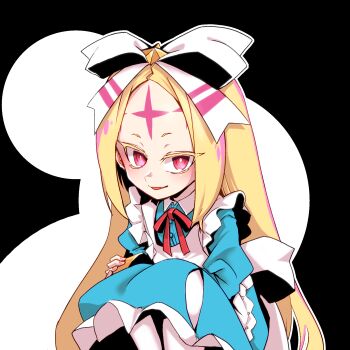 1girl apron black_background blonde_hair forehead_tattoo hair_ribbon highres long_hair looking_at_viewer magical_girl mahou_shoujo_ni_akogarete mengnaidu nero_alice ribbon solo tattoo very_long_hair white_apron white_background