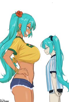 2girls alternate_breast_size_(larger) alternate_form aqua_eyes aqua_hair argentinian_flag argentinian_flag_print argentinian_miku bead_necklace beads belly blue_eyes brazilian_flag brazilian_flag_print brazilian_miku breast_envy breasts cleavage cropped_shirt denim denim_shorts dial_kasper earrings eyewear_on_head flag_print flower hair_flower hair_ornament hatsune_miku jewelry large_breasts long_hair multicolored_nails multiple_girls navel necklace orange_flower shirt shorts size_difference small_breasts smile smug sportswear sunglasses tan tanline teeth twintails upper_teeth_only worldwide_miku