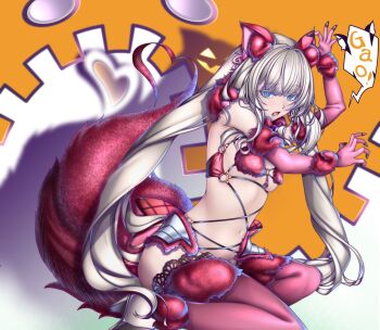 1girl absurdres animal_ears bare_shoulders blue_eyes blush breasts cosplay fate/grand_order fate_(series) fur-trimmed_gloves fur-trimmed_legwear fur_collar fur_trim gloves highres kachihokori_satake lace lace-trimmed_thighhighs lace_trim long_hair looking_at_viewer marie_antoinette_(fate) mash_kyrielight mash_kyrielight_(dangerous_beast) mash_kyrielight_(dangerous_beast)_(cosplay) medium_breasts navel o-ring open_mouth solo tail thighhighs twintails very_long_hair white_hair wolf_ears wolf_tail