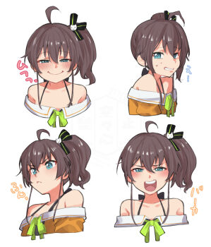 1girl ahoge bare_shoulders blue_eyes blush brown_hair green_eyes hair_between_eyes hair_ornament hair_ribbon hololive karakr_shin looking_at_viewer multiple_expressions natsuiro_matsuri open_mouth ribbon side_ponytail simple_background smile solo virtual_youtuber white_background