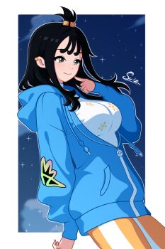 absurdres blue_hoodie breasts cube_hair_ornament hair_ornament highres hood hoodie large_breasts lida_(pokemon) nintendo orange_leggings pokemon pokemon_legends:_z-a su1zide topknot