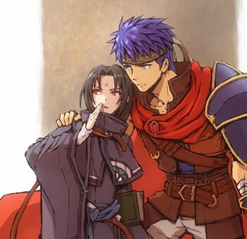 2boys armor black_hair blue_eyes blue_hair book capelet commentary_request facial_mark fire_emblem fire_emblem:_radiant_dawn forehead_mark green_headband hand_on_another&#039;s_shoulder headband ike_(fire_emblem) male_focus multiple_boys nintendo pauldrons red_eyes short_hair shoulder_armor single_pauldron soren_(fire_emblem) sumuco wide_sleeves