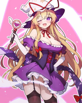 1girl ;d black_garter_straps blonde_hair blush breasts brown_thighhighs censored chikuzen1996 cleavage commentary_request corset dress garter_straps gloves groin hat highres holding holding_wand large_breasts long_hair neck_ribbon no_panties off-shoulder_dress off_shoulder one_eye_closed open_mouth purple_corset purple_dress purple_eyes red_ribbon ribbon smile solo straight_hair thighhighs touhou very_long_hair wand white_gloves white_hat witch_hat yakumo_yukari