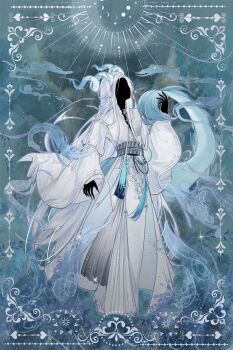 1boy animal_ears arm_at_side baiguigelierwan black_skin blue_background blue_horns boots border cael_anselm cael_anselm_(myths_wonders) chinese_clothes chinese_commentary claws colored_skin comb_over curled_horns curtained_hair dragon_boy dragon_horns dragon_tail faceless faceless_male facing_up full_body grey_sash hanfu highres holding_own_tail horns long_hair long_sleeves lovebrush_chronicles male_focus moon_phases ornate_border robe sash seigaiha smoke solo standing tail very_long_hair waist_sash white_boots white_hair white_hanfu white_robe wide_sleeves yaopei