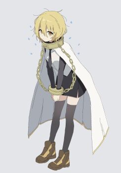 1girl black_necktie black_skirt black_thighhighs blonde_hair cape chain chained chained_wrists collar commentary_request cuffs cuffs-to-collar don_quixote_(project_moon) gloves gold_collar highres index_(identity)_(project_moon) inkstone30 jacket korean_commentary limbus_company long_sleeves looking_at_viewer necktie project_moon shirt short_hair simple_background skirt solo thighhighs white_background white_cape white_shirt yellow_eyes