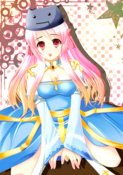 1girl 2000s_(style) arch_bishop_(ragnarok_online) ayase_mai_(jelly^2_fish) blue_dress blush bow breasts checkered_background cleavage cleavage_cutout clothing_cutout commentary_request cowboy_shot cross deviruchi_hat dress grey_hat hair_bow hat juliet_sleeves long_hair long_sleeves looking_at_viewer medium_breasts open_mouth pink_background pink_bow pink_hair puffy_sleeves ragnarok_online red_eyes sash smile solo star_(symbol) two-tone_dress white_dress yellow_sash