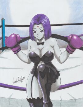Rule 34 | 1girl, absurdres, alternate costume, bare arms, bare shoulders, black bow, black bowtie, black leotard, black thighhighs, bob cut, bow, bowtie, boxing gloves, boxing ring, breasts, cleavage, closed mouth, dc comics, detached collar, eyebrows hidden by hair, eyes visible through hair, forehead jewel, gloves, half-closed eyes, hands up, highres, knee up, large breasts, leotard, looking at viewer, naughty face, neck, non-web source, parted bangs, purple eyes, purple gloves, purple hair, raven (dc), ravernclouk design, smile, solo, strapless, strapless leotard, teen titans, thighhighs