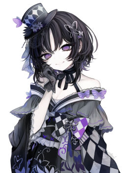 1girl bare_shoulders black_collar black_gloves black_hair black_hat black_kimono black_ribbon breasts butterfly_hair_ornament checkered_clothes cleavage collar commentary_request detached_collar floral_print floral_print_kimono flower gloves hair_ornament hand_on_own_cheek hand_on_own_face hand_up hasunokaeru hat hat_flower highres housho_margo japanese_clothes kimono looking_at_viewer mahou_shoujo_no_majo_saiban mini_hat mini_top_hat neck_ribbon obi obiage obijime off_shoulder open_mouth pale_skin parted_bangs print_kimono purple_eyes ribbon sash short_hair simple_background small_breasts smile solo top_hat upper_body watermark white_background white_flower wide_sleeves