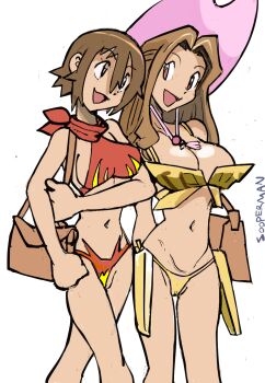Rule 34 | 2girls, bikini, digimon, hat, highres, multiple girls, navel, smile, sooperman, swimsuit, tachikawa mimi, walking, yagami hikari