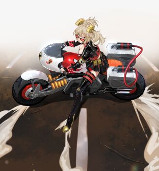 1girl ;) ;p absurdres ailushin akira akira_(manga) akira_slide belt black_boots black_jacket black_skirt blonde_hair boots breasts burnice_white cleavage highres jacket medium_breasts miniskirt motor_vehicle motorcycle one_eye_closed parody red_belt reference skirt smile solo sunglasses thigh_belt thigh_boots thigh_strap tongue tongue_out zenless_zone_zero