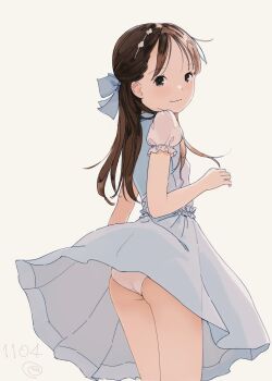 1girl ass black_eyes blue_bow blue_dress bow brown_hair closed_mouth clothes_lift cowboy_shot dated dot_nose dress flower_hairband frilled_sleeves frills from_behind good_ass_day grey_background hair_bow hairband highres kokudou_juunigou loli long_hair looking_at_viewer looking_back original panties pantyshot puffy_short_sleeves puffy_sleeves short_sleeves signature simple_background skirt skirt_lift smile solo swept_bangs underwear wedgie wind wind_lift