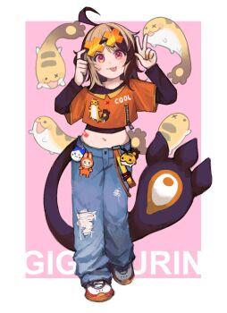 1girl :p adjusting_eyewear ahoge alternate_costume bandaid_on_stomach black_shirt brown_hair character_charm character_name character_print charm_(object) chiikawa commentary denim english_commentary full_body gigi_murin grem_(gigi_murin) hachiware_(chiikawa) happy_birthday highres hololive hololive_english jeans labubu long_hair long_sleeves looking_at_viewer monchizu multicolored_hair nail_polish navel orange-tinted_eyewear orange_nails orange_shirt pants pink_background pink_eyes shirt solo standing stomach tail tinted_eyewear tongue tongue_out torn_clothes torn_jeans torn_pants two-tone_background two-tone_hair virtual_youtuber w white_background x-shaped_eyewear