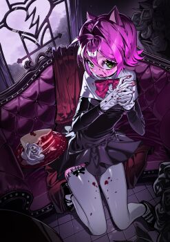 1girl absurdres ahoge animal_ears black_dress black_shoes blood blood_on_clothes blood_on_face blood_on_hands bow bowtie cake cake_slice cat_ears cat_girl couch cushion dress food from_above green_eyes guimpe hair_between_eyes hair_intakes highres indoors long_sleeves looking_at_viewer mary_janes on_couch original pink_bow pink_bowtie pink_hair plate scocasr shoes short_hair sitting sleeve_cuffs smile solo thighhighs white_thighhighs window
